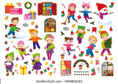 Christmas vector illustration set of children and decoration