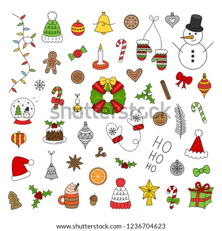 Christmas vector illustration set. Cute hand drawn festive, seasonal, holiday collection, isolated. Xmas colorful outlined icons.