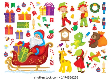 Christmas vector illustration set of elf and Santa Claus and presents 