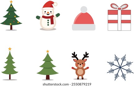 Christmas Vector Illustration Set – Festive Trees, Snowman, Reindeer, Gift Box, Santa Hat, and Snowflake on White Background