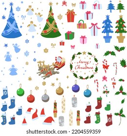 Christmas vector illustration set. A lot of Christmas ornaments, a Christmas tree, holly, presents, Santa Claus and the words "Merry Christmas".