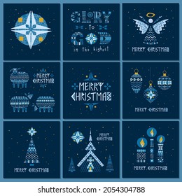 Christmas vector illustration set in scandinavian folk style.Good for greeting cards, interior or textile prints in hygge style and as separated elements for festive grafic designs.