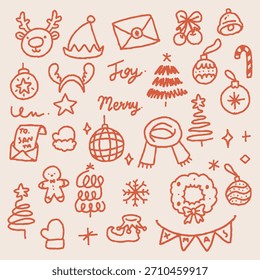 Christmas Vector Illustration Set Simple Minimal Line Art Hand Drawn Doodle Outline Orange Warm Tone Festive Element Collection
