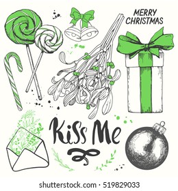 Christmas vector illustration set in sketch style. Present on white background. Beautiful gift box with ribbon, holiday lettering, funny symbols.
