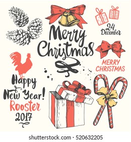 Christmas vector illustration set in sketch style. Present on white background. Beautiful gift box with ribbon, holiday lettering, funny symbols. Happy new year.