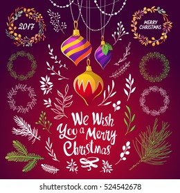 Christmas vector illustration set in sketch style. Present on red background. Beautiful new year funny symbols: pine branch, decorations, tinsel, balls and holiday lettering.