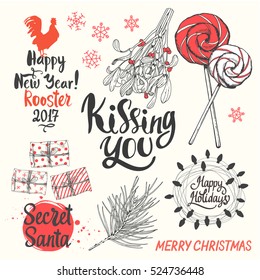 Christmas vector illustration set in sketch style. Present on white background. Beautiful gift box with ribbon, holiday lettering, funny symbols.