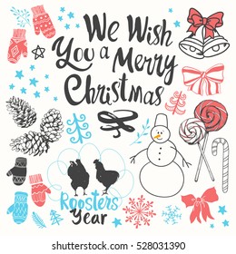 Christmas vector illustration set in sketch style on white background. Beautiful new year funny symbols: pine branch, Santa's cap, snowman, cone, snowflakes, candy balls and holiday lettering.