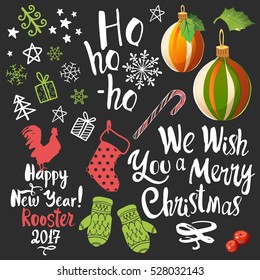 Christmas vector illustration set in sketch style. Present on black background. Beautiful new year funny symbols, cock, snowflakes, glove, ball, gift and holiday lettering.