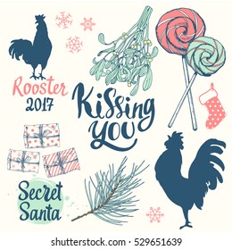 Christmas vector illustration set in sketch style. Present on white background. Beautiful gift box with ribbon, holiday lettering, funny symbols.