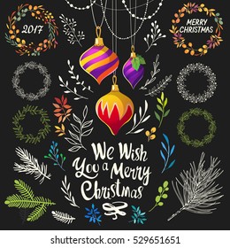 Christmas vector illustration set in sketch style. Present on black background. Beautiful new year funny symbols: pine branch, decorations, tinsel, balls and holiday lettering.
