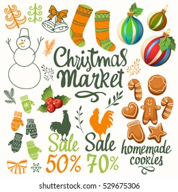 Christmas vector illustration set in sketch style. Present on black background. Beautiful new year funny symbols, cock, cookies, snowman, glove, ball, gift and holiday lettering.