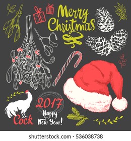 Christmas vector illustration set in sketch style. Present on white background. Beautiful gift box with ribbon, holiday lettering, funny symbols.