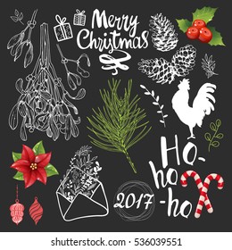Christmas vector illustration set in sketch style. Present on black background. Beautiful new year funny symbols, cock, mistletoe, pine branch and holiday lettering.
