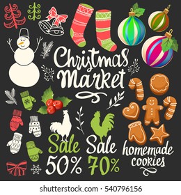Christmas vector illustration set in sketch style. Present on black background. Beautiful new year funny symbols, cock, cookies, snowman, glove, ball, gift and holiday lettering.