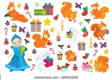 Christmas vector illustration set of Snow Maiden and squirrel 