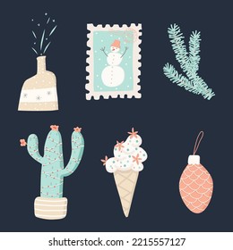 Christmas vector illustration set. Winter collection, 6 designs bundle. Sparkling wine, postage stamp, snowman, pine cone ornament, cactus Christmas tree with lights, spicy ice cream, spruce branch