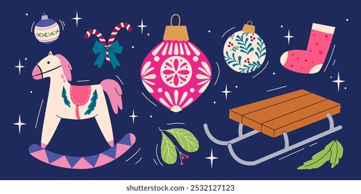 Christmas vector illustration set with winter holidays decorations design elements, holiday ornaments, Christmas trinkets, mistletoe, sleigh, candy cane, toys, retro sticker collection, sock for gifts