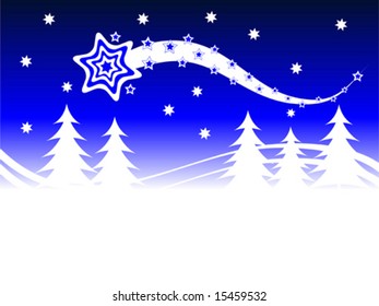 A christmas vector illustration in shades of blue and white with a large shooting star above tree lined snowy hills with room for text