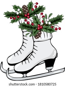 Christmas vector illustration. Skates with red and white berries, fir cones, fir branches, bow. Beautiful design for printing greeting card, invitation, poster, tag, label, gift decoration