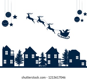 Christmas vector illustration of sleeping town and Santa Claus sleigh flying above