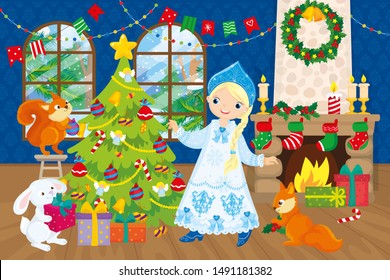 Christmas vector illustration of Snow Maiden in an elegant dress with forest animals is preparing for Christmas