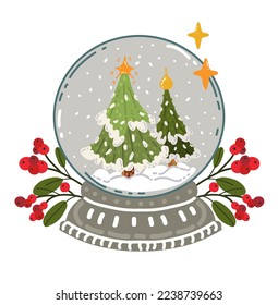 Christmas vector illustration. Сomposition with christmas snowball, сhristmas trees, snow. Posters and prints for tee, flat art, cartoon style