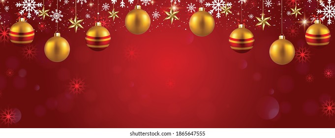 Christmas vector illustration with snowflakes and sparkles on red gradient background. Christmas banner with empty space.