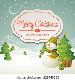 Christmas vector illustration with snowman