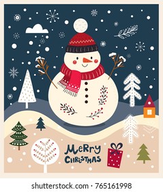 Christmas vector illustration with snowman