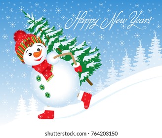 Christmas vector illustration. Snowman carries a Christmas tree from the forest.