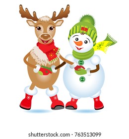 Christmas vector illustration. Snowman and deer hold hands.