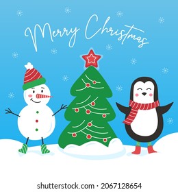 Christmas vector illustration - snowman and penguin dancing near Christmas tree on blue background with snow and snowflakes. Eps10