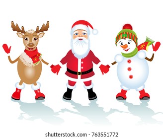 Christmas vector illustration. Snowman and santa claus and deer hold hands.
