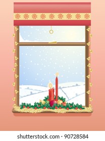 christmas vector illustration of a snowy winter landscape viewed through a window decorated with tinsel candles and holly in eps 10 format