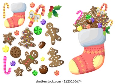 Christmas vector illustration. Sweets in the new year's sock. Candy, cookies, icicles, mistletoe, gingerbread. All elements are isolated.