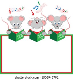 A  Christmas vector illustration of three mice holding a blank sign, dressed in choir gowns, holding song books, singing Christmas carols.  One mouse has a different book and appears to be  singing to