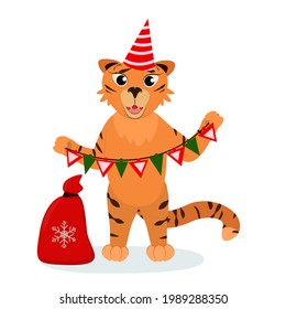 christmas vector illustration of a tiger with a garland in his hands, isolated on a white background