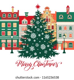 Christmas vector illustration with town, christmas tree and snow. Template for greeting card, invitation.