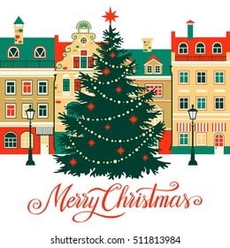 Christmas vector illustration with town, christmas tree, car and snow. Background for greeting card, invitation.
