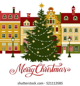 Christmas vector illustration with town, christmas tree and snow. Background for greeting card, invitation.