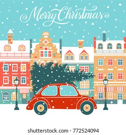 Christmas vector illustration with town, christmas tree and car. Background for greeting card, invitation.