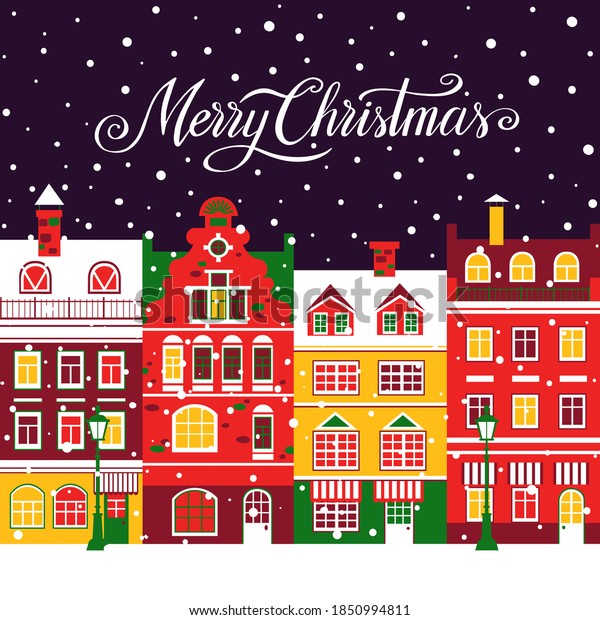 Christmas vector\
illustration with town, christmas tree and snow. Background for\
greeting card,\
invitation.