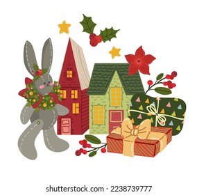 Christmas vector illustration. Сomposition with toys, houses, rabbit, gifts. Posters and prints for tee, flat art, cartoon style