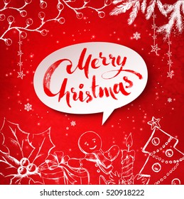Christmas vector illustration of traditional festive objects and white banner with lettering on red background.