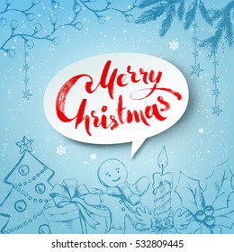Christmas vector illustration of traditional festive objects and white banner with lettering on soft blue winter background