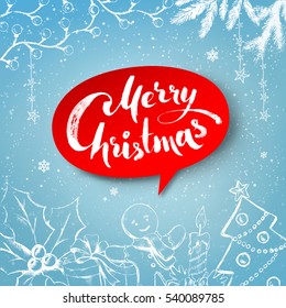 Christmas vector illustration of traditional festive objects and red banner with lettering on soft blue winter background.