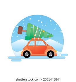 Christmas vector illustration with Christmas tree, car and snow