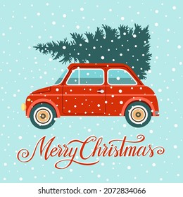 Christmas vector illustration with christmas tree, car and snow. Background for greeting card, invitation.