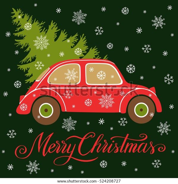 Christmas vector\
illustration with christmas tree, car and snow. Background for\
greeting card,\
invitation.